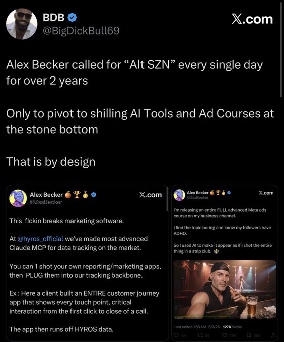 The image is a tweet by BDB (@BigDickBull69) criticizing Alex Becker (@ZssBecker) for hyping "Alt SZN" for over two years before pivoting to selling AI tools and ad courses at the market bottom, featuring screenshots of Becker's posts about his Meta ads course and Hyros/Claude MCP integration. This relates to the caption by highlighting Becker's pattern of abandoning his crypto narrative at the market bottom to promote his business ventures, reinforcing the "Bottom Confirmed" sentiment.
