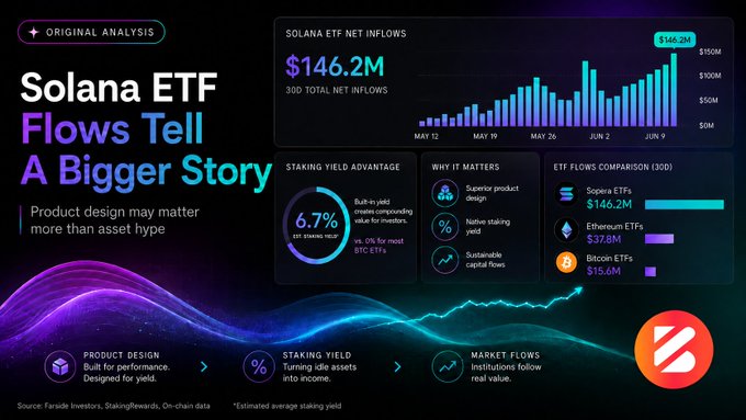 Analytics dashboard titled 'Solana ETF Flows Tell A Bigger Story' showing 'SOLANA ETF NET INFLOWS $146.2M', a 6.7% staking yield advantage, and ETF flow comparisons: Solana ETFs $146.2M, Ethereum ETFs $37.8M, Bitcoin ETFs $15.6M.