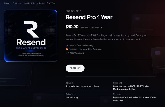 A product listing page for "Resend Pro 1 Year" priced at $10.20, showing 999,999 codes in stock on Keyzo.io, with options to add to cart and featuring instant coupon delivery, redemption on the user's own account, and a 1-year warranty. The dark-themed interface displays the Resend logo alongside key details such as crypto/card payment options and a refund policy.