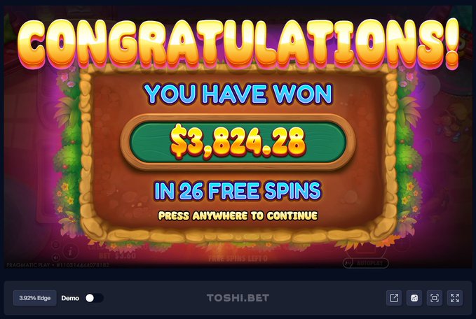 A digital slot machine screen displays "CONGRATULATIONS! YOU HAVE WON $3,824.28 IN 26 FREE SPINS" on the Toshi.bet gaming platform, playfully illustrating the poster's boast about "cooking" big wins on the site.