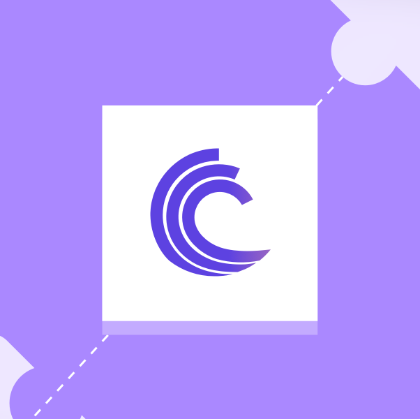 A purple background features a white square displaying a stylized "C" logo with curved, layered lines, representing BitTorrent Chain (BTTC). The post discusses BTTC's high-speed, low-cost smart contract capabilities with full Solidity support, aligning with the modern, tech-forward branding of the logo.