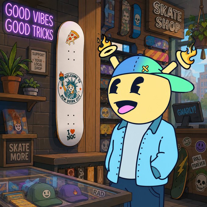 A colorful cartoon illustration depicts a yellow smiling character with halos and a cap standing inside a skate shop featuring a "GOOD VIBES GOOD TRICKS" neon sign, a skateboard deck reading "I ♥ NQC", and various "SKATE MORE" and "ROLL FOREVER" decorations.