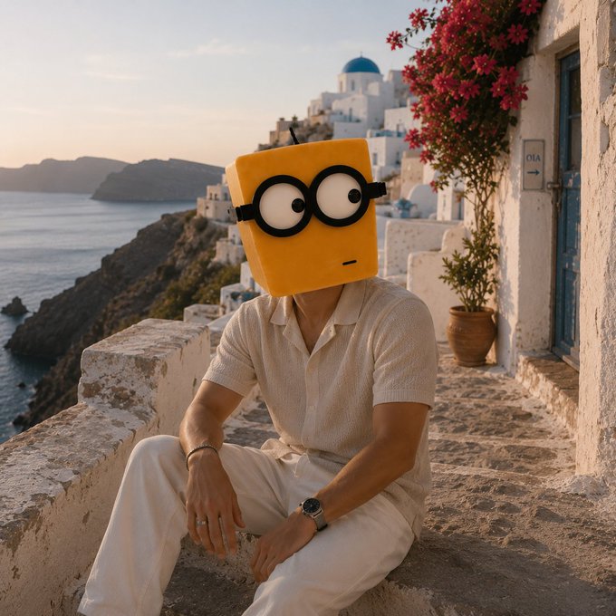 Photo of a man sitting on stone steps in a coastal village, wearing a white outfit and a yellow square robot head mask with large cartoon eyes.