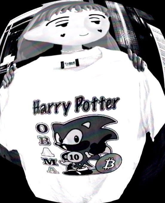 A distorted image of a hobby-style character figure with a smirk wearing a white 'Harry Potter' t-shirt featuring Sonic the Hedgehog holding a Bitcoin logo.