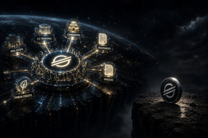 A futuristic dark graphic showing a circular platform with a stylized 'S' logo, surrounded by icons labeled 'U.S. TREASURIES,' 'COMMODITIES,' 'RECEIVABLES,' 'INVOICES,' 'REAL ESTATE,' and 'CARBON CREDITS,' with a matching coin on a cliff overlooking Earth from space.