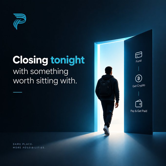 A dark-themed advertisement with a figure walking through a glowing doorway, featuring the text 'Closing tonight with something worth sitting with.' Icons indicate services for Fund, Get Crypto, and Pay & Get Paid, with the tagline 'SAME PLACE. MORE POSSIBILITIES.'