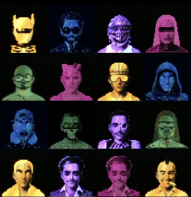 A 4x4 grid of 16 stylized ASCII pixel portraits, each rendered in distinct neon colors (yellow, blue, purple, pink, green) against black backgrounds, showcasing various characters ranging from a robot-like figure to hooded figures and human faces. The post references the "traceforms" collection by artist @0xvesty, which this image serves as a sneak peek of, highlighting the ASCII portrait art style that defines the upcoming 7,777 supply NFT drop on Robinhood chain.