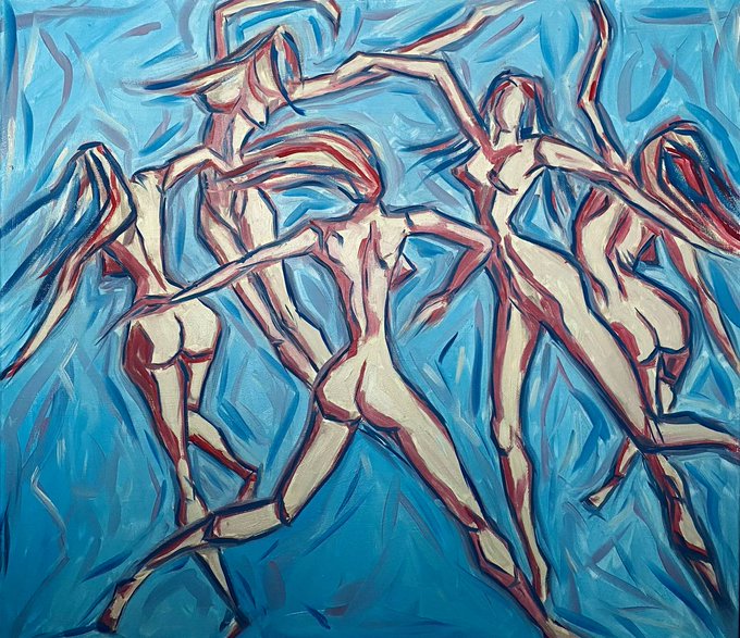 A stylized painting featuring figures outlined in dark red against a textured blue background, with dynamic, elongated forms.