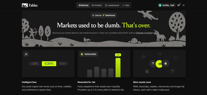 A screenshot of the 'Fables' website, stating 'Markets used to be dumb. That's over.' and advertising an upcoming launch on Robinhood with sections on 'Intelligent fees' and 'Rewarded for risk'.