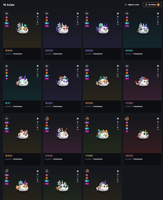 A digital interface displays a grid of 15 Axie NFT collectibles, each locked in Terrarium, showing varying stats and price values.