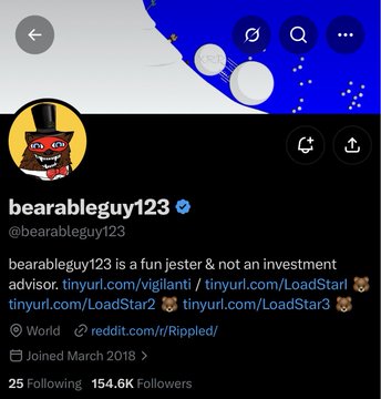 A Twitter/X profile page for @bearableguy123 with a verified checkmark, describing himself as 'a fun jester & not an investment advisor' with links to LoadStar and 154.6K followers.