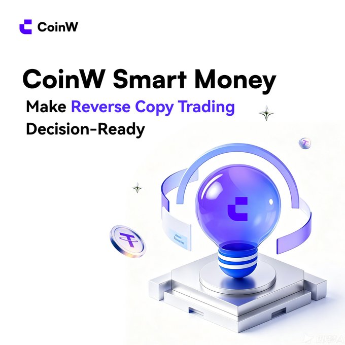 A promotional graphic for CoinW Smart Money featuring a purple lightbulb graphic with the tagline "Make Reverse Copy Trading Decision-Ready." The image visually reinforces the post's call to action, encouraging Web3 users to share their insights on fading legendary losing wallets through CoinW's reverse copy trading feature for a chance to win 25 USDT.