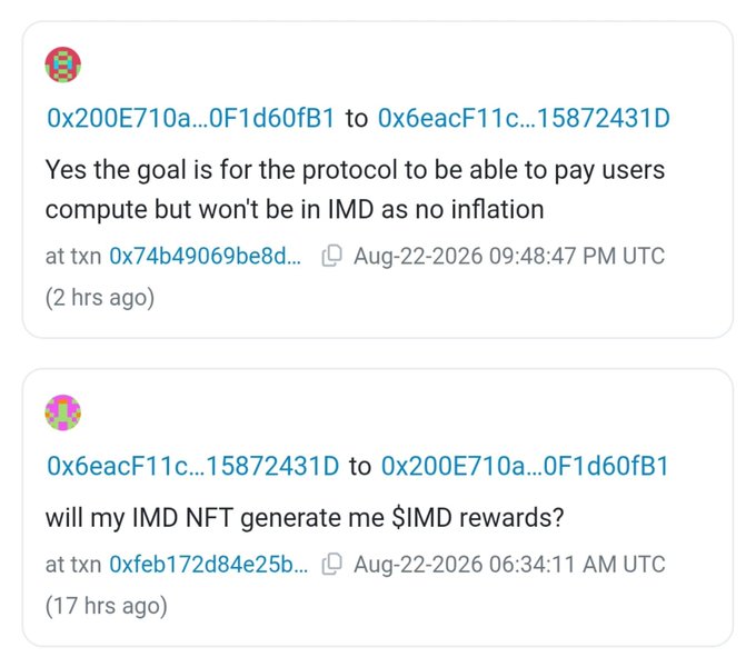 A cryptocurrency Q&A screenshot showing an exchange about IMD NFT rewards, with the answer explaining that the protocol aims to pay users compute but won't have IMD rewards due to no inflation.