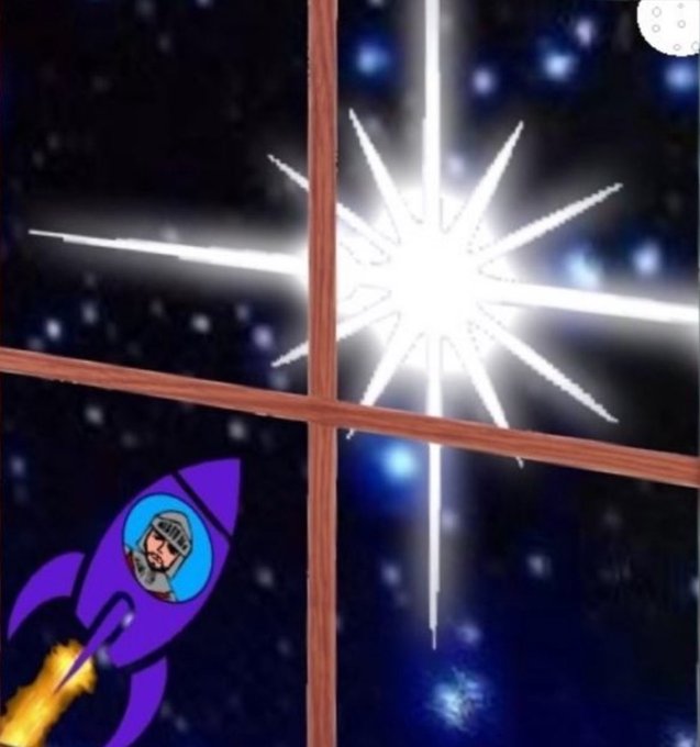 A cartoon astronaut in a purple rocket flies through a starry night sky past a bright starburst seen through a window's crosshairs, visually playing on the "Δέλτα" (Delta) name with a knight-like helmeted figure evoking an XRP/crypto "to the moon" theme.
