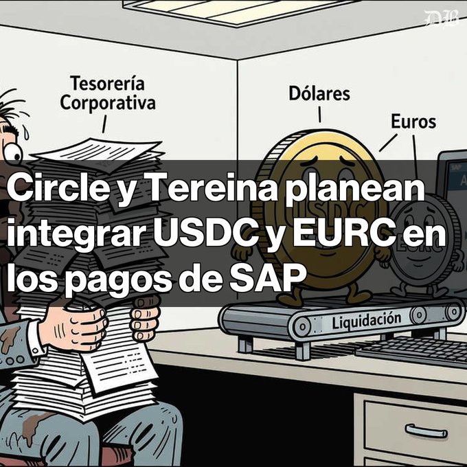 A cartoon-style illustration shows a stressed office worker buried under paperwork labeled 'Tesorería Corporativa' while two anthropomorphic coins labeled 'Dólares' and 'Euros' move on a conveyor belt marked 'Liquidación'; the headline reads 'Circle y Tereina planean integrar USDC y EURC en los pagos de SAP.'