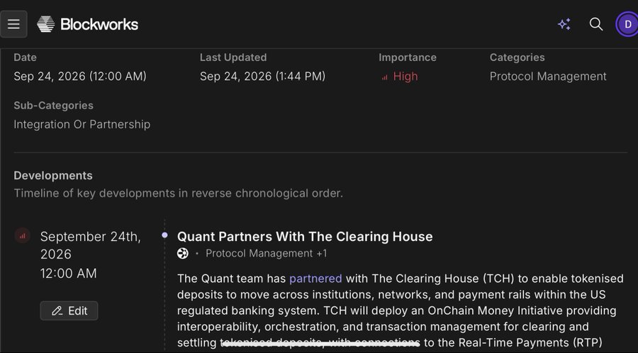 A Blockworks news article from September 24th, 2026, titled 'Quant Partners With The Clearing House,' detailing a partnership to enable tokenised deposits across US banking institutions using OnChain Money Initiative.