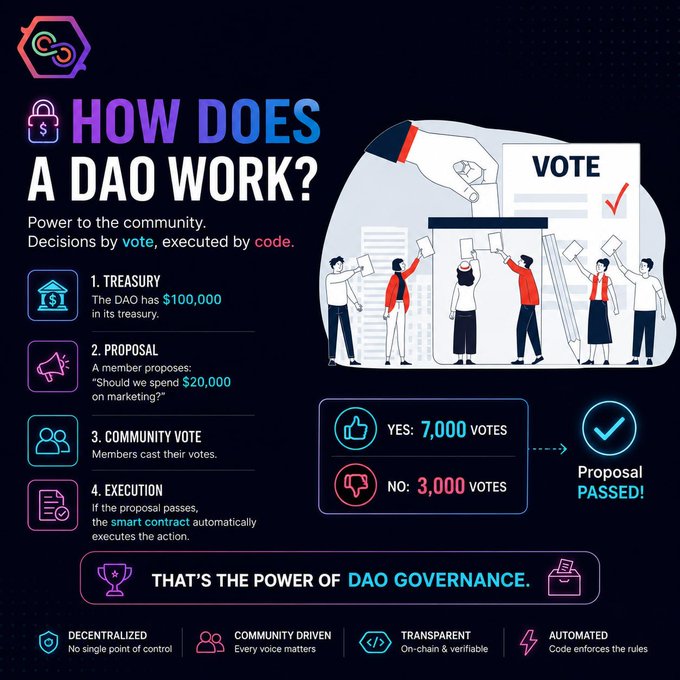 An infographic titled "How Does a DAO Work?" illustrating a four-step process—Treasury ($100,000), Proposal ("Should we spend $20,000 on marketing?"), Community Vote (7,000 Yes vs 3,000 No, resulting in "Proposal PASSED!"), and Execution via smart contract—reinforcing the post's message that DAO governance operates without a CEO or central control, with every decision made by community vote and enforced by code.