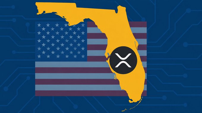 A graphic features an orange silhouette of Florida overlaid on a muted American flag against a blue circuit board background, with the XRP logo in a black circle positioned on the eastern coast of Florida.