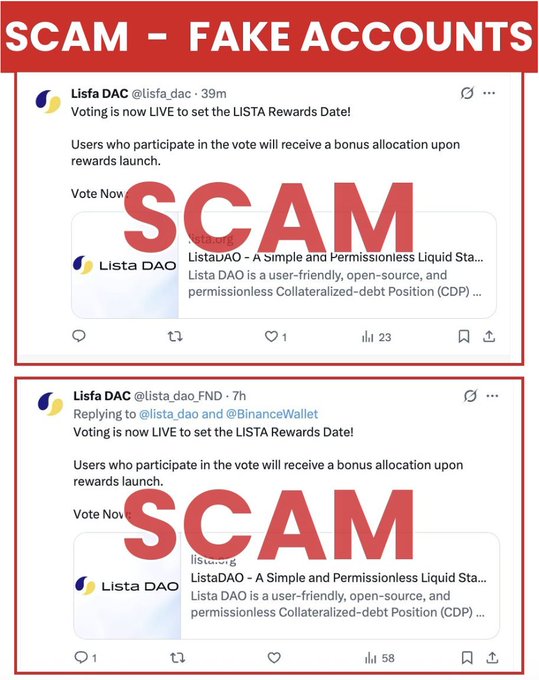 A warning graphic displays two screenshots of tweets from 'Lisfa DAC' (@lisfa_dac) and (@lista_dao_FND) about a voting event, overlaid with large red text reading 'SCAM – FAKE ACCOUNTS' and 'SCAM'.
