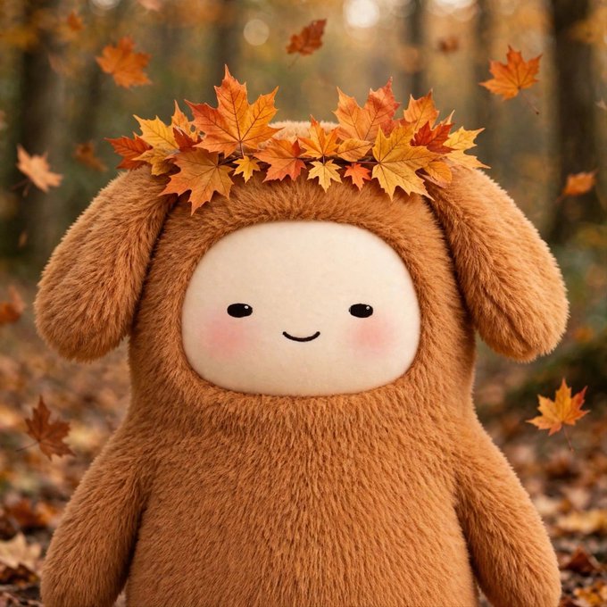 A cute, fluffy brown mascot character with a simple smiling face wears a crown of autumn maple leaves, surrounded by falling leaves in a forest setting.