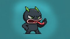 A cartoonish dark blue demon or monster mascot character with small horns, a wide grin showing teeth, and a long tongue sticking out to the side, standing against a teal background.