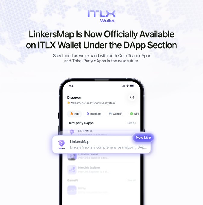 The image shows a cell phone displaying an ITLX wallet app, which is now available for download. The text on the screen reads "LinkersMap is now officially available on ITLX Wallet under the DApp Section". This indicates that users can now access and use the LinkersMap app through their ITLX wallets.