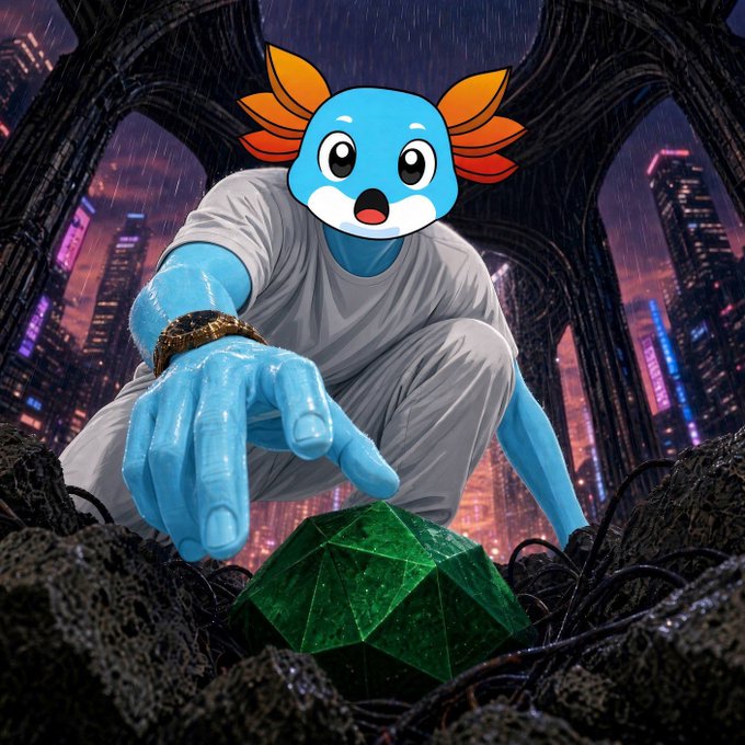 A digital illustration shows a blue axolotl-like creature in a white outfit crouching on dark rocky terrain and pointing at a glowing green gem, set against a cyberpunk cityscape with tall buildings.