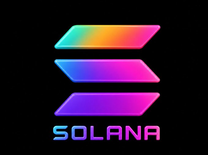 The neon-colored Solana cryptocurrency logo is displayed against a black background, featuring its signature three-line gradient symbol above the word "SOLANA".