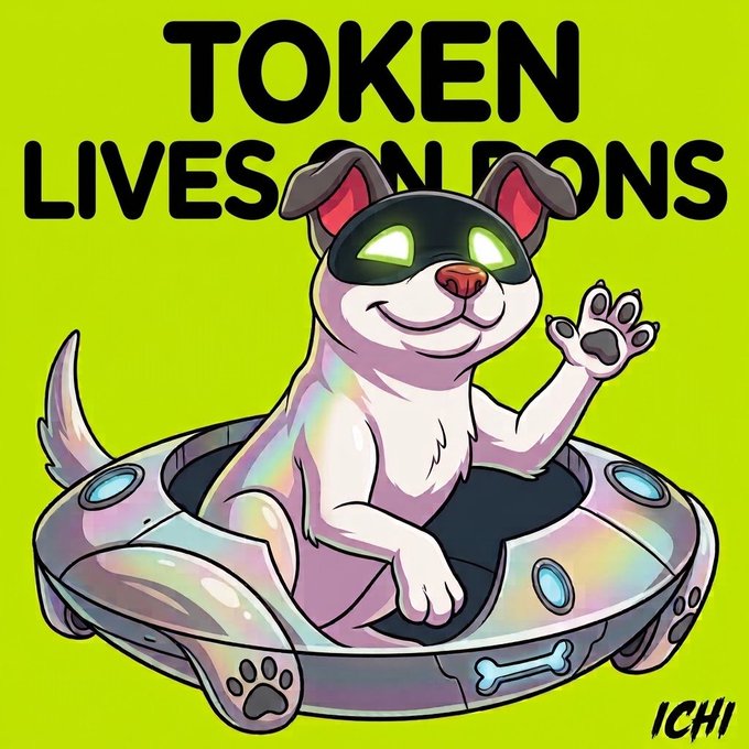 A digital illustration features a white dog wearing a black mask with glowing green eyes, sitting in a futuristic chrome flying saucer against a lime green background with the text 'TOKEN LIVES ON' and the artist signature 'ICHI'.
