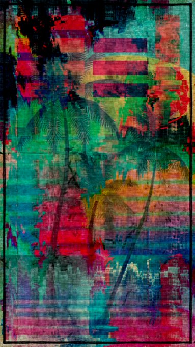 An abstract, vibrant artwork featuring tropical palm tree silhouettes overlaid with colorful brushstrokes in pink, blue, green, yellow, and purple.