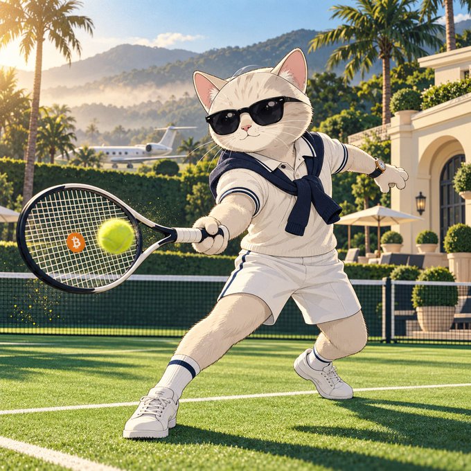 An AI-generated illustration of an anthropomorphic cat wearing sunglasses and tennis attire, hitting a Bitcoin-branded tennis ball on a grass court with a private jet and mansion in the background.