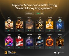 The image displays "Top New Memecoins With Strong Smart Money Engagement," showcasing a grid of ten tokens, each with a unique icon and rating. This visual directly supports the accompanying post about the Top 10 Most-Visited BNB Chain Tokens by providing a different but related metric of token popularity.