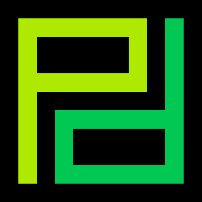 A minimalist geometric logo featuring an interlocking design in lime yellow and green colors on a black square background.