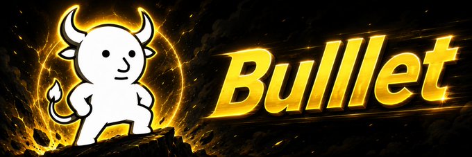 A cartoon white bull character with horns stands inside a glowing golden ring, with the word "Bulllet" in bold yellow text to the right. The fiery, energetic background matches the bold promotional banner added by a community member for the $Bulllet token on Moby.