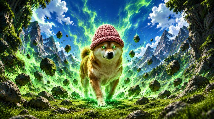 A Shiba Inu dog wearing a pink knitted beanie stands on rocky terrain amid floating debris, surrounded by a vibrant green energy portal with mountain peaks in the background.