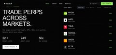 The image is a banner for "TRADE PERPS ACROSS MARKETS," highlighting stats of 22+ markets, 24/7 availability, and 50x leverage, with a list of assets like NSDQ, APL, TSLA, GOOGL, AMZN, and PLTR. It connects to the post by visually supporting the idea that perpetual futures trading across multiple markets is a key tool for achieving financial freedom.