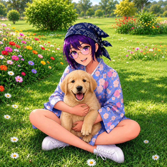 A cheerful anime-style girl with purple hair, wearing a bandana and floral dress, sits in a sunny meadow hugging a happy golden retriever puppy. The wholesome, nature-filled scene perfectly complements the post's "touch some grass" Sunday message, reinforcing a relaxed, joyful vibe as the community supports @DlicomApp's quiet build.