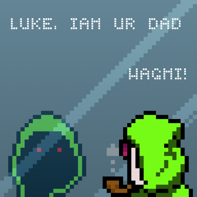 A pixel art meme with pixelated text reading "LUKE, I AM UR DAD" and "WAGMI!" above two hooded characters, one green and dark teal with red eyes, the other bright green.