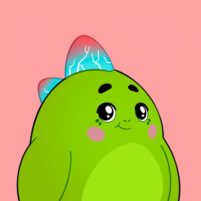 A cute cartoon illustration of a green dinosaur-like creature with a glowing crystal horn, large sparkly eyes, and pink cheeks on a pink background.