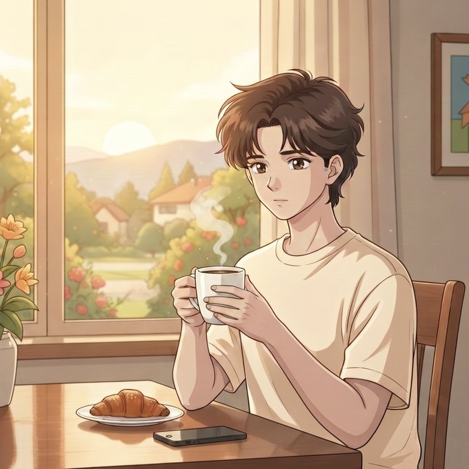 An anime-style illustration of a young man with brown hair holding a steaming cup of coffee at a table with a croissant and smartphone, set against a sunlit countryside window view.