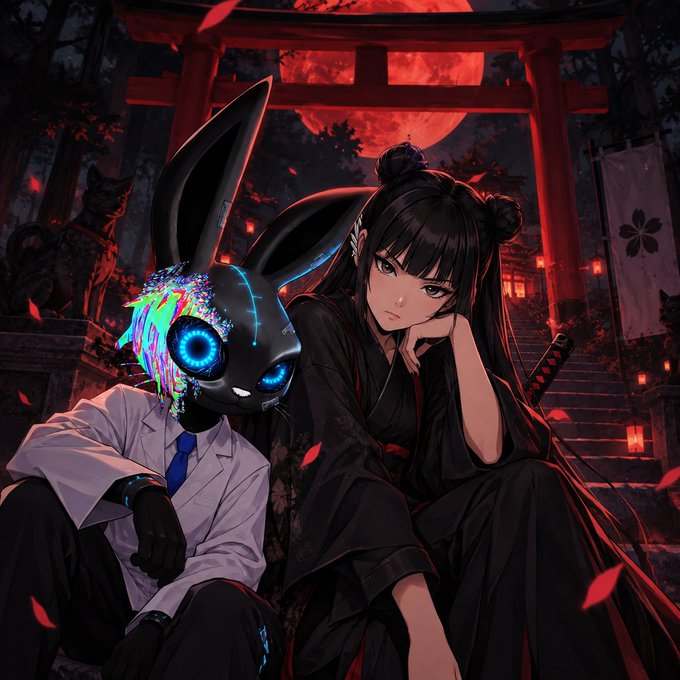 The image shows an anime-style girl with dark hair and a sword sitting beside a glitchy, neon-eyed rabbit-headed figure in a suit, set against a blood-red moon and a Japanese torii gate. This striking, atmospheric artwork likely represents the unique, high-quality creative direction of the @0xhazels NFT project, distinguishing it from the rushed, low-effort drops typical on Robinhood as described in the post.