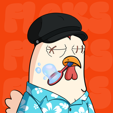 A cartoon illustration depicts a chicken wearing a black beret and blue Hawaiian shirt, holding a paintbrush in its beak and blowing a bubble, set against an orange patterned background.
