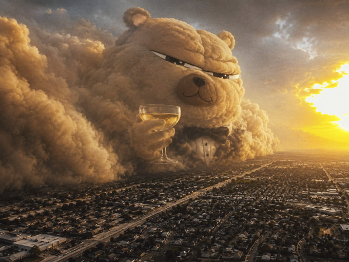 A giant sandstorm-shaped teddy bear looms over a suburban landscape while sipping from a wine glass, menacingly illuminated by a dramatic sunset. The image creatively illustrates the "$BOBO" ticker referenced in the post, depicting a bearish market "storm" approaching unsuspecting investors.