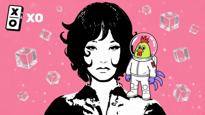 An illustration of a black-haired woman against a pink background with floating ice cubes, an 'XO' logo in the top left, and a cartoon chicken in an astronaut suit on her shoulder.