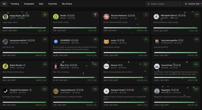 A dashboard listing various blockchain chains with metrics including SHIB, Ronk, StromX Network, Mercedes-Benz, Robinhood Chain, GUARDED, numa, Divest, SnoreChain, Vangrd Foundation, Capeo Network, Kehqat ChainZ, and Bagatster.