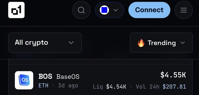 A cryptocurrency platform interface showing trending tokens, with BOS (BaseOS) listed at $4.55K on the ETH network with 24h volume of $207.81.