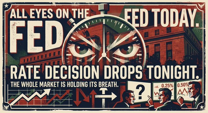 This vintage-style poster, featuring "All Eyes on the Fed Today" and "Rate Decision Drops Tonight," visually represents the market's anticipation of the Federal Reserve's decision, contrasting with "TaskOn's" independent building in the Web3 space.