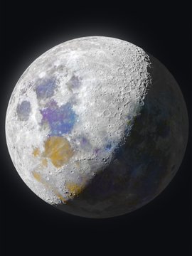 The image showcases a stunning, highly detailed 3D render of the moon, featuring realistic craters, textures, and subtle colorful mineral deposits on its surface. As part of a proud portfolio of personal projects, this lunar rendering demonstrates impressive skill in 3D modeling and texturing.
