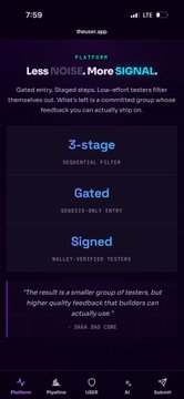A mobile app screenshot for Flatiron displaying a "Less NOISE. More SIGNAL" banner with details about a 3-stage sequential filter, gated noise-only entry, and verified testers, dated Wednesday, August 20.