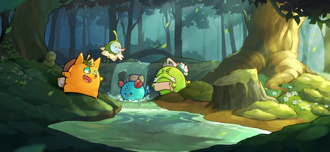 Charming cartoon Axie creatures gather around a serene forest pond, showcasing the colorful game characters in a whimsical natural setting that complements the post's invitation to collect and engage with them beyond gameplay.